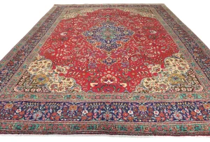Vintage Red Floral Traditional 10X13 Tabriz Persian Rug