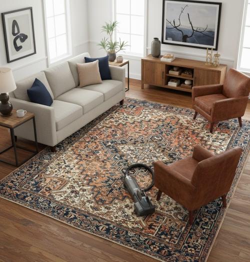 Semi Antique Rusty Peach Geometric 8X9 Heriz Persian Rug