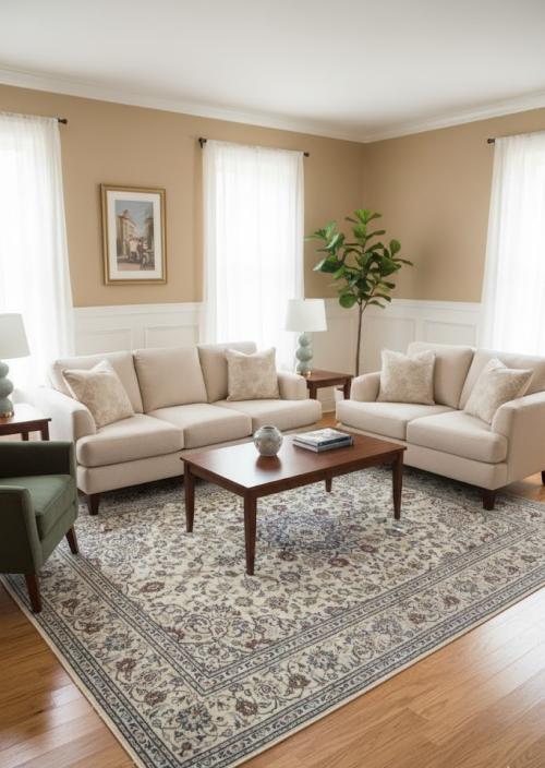 Vintage Cream Traditional 6'5X9'4 Kashan Persian Rug