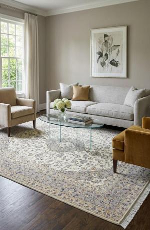 Vintage Cream Floral Traditional 6'4X9'6 Kashan Persian Rug