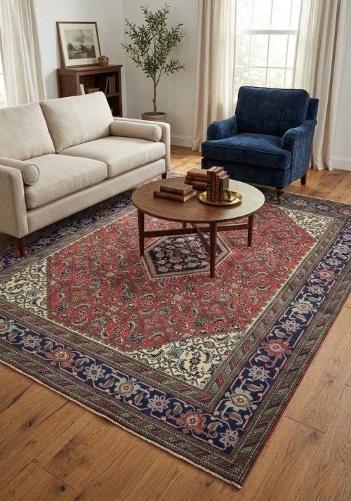 Vintage Bittersweet Red Geometric Traditional 7X10 Tabriz Persian Rug