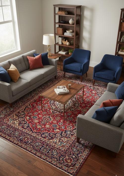 Vintage Red Floral Traditional 7X10 Kashan Persian Rug