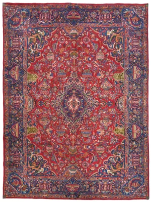 Vintage Red Pictorial Traditional 10X13 Kashmar Persian Rug
