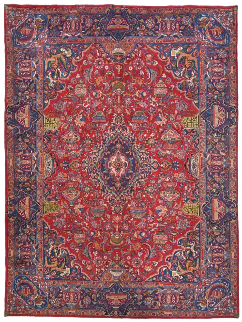 Vintage Red Pictorial Traditional 10X13 Kashmar Persian Rug