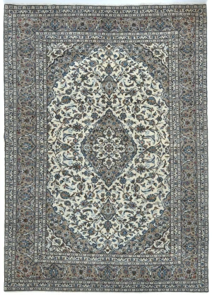 Vintage Cream Floral Traditional 8x11 Kashan Persian Rug