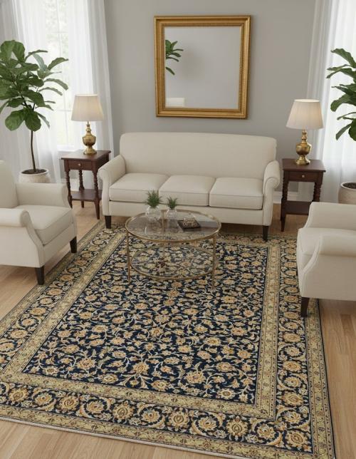 Vintage Dark Navy Floral Traditional 9X13 Kashan Persian Rug