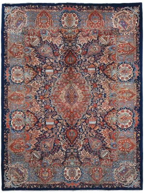 Vintage Dark Navy Floral 10X13 Kashmar Persian Rug