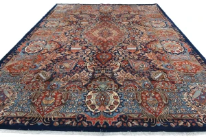 Vintage Dark Navy Floral 10X13 Kashmar Persian Rug
