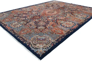 Vintage Dark Navy Floral 10X13 Kashmar Persian Rug