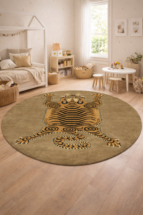 Khaki Tribal Pictorial 8X8 Fine Nepali Oriental Round Rug