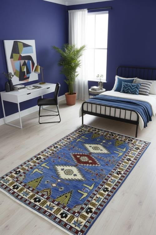 5'0 X 8'0 Hand Knotted Kazak Blue Geometric Wool Rug