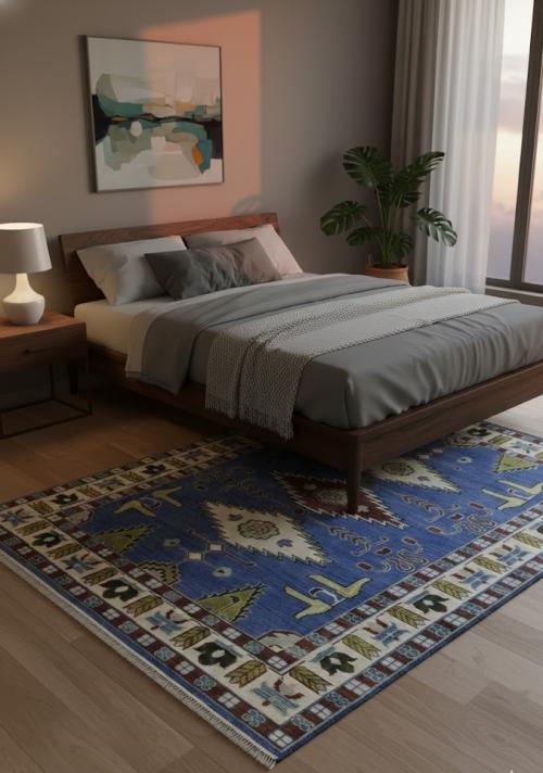 6'0 X 8'11 Hand Knotted Blue Geometric Kazak Wool Rug