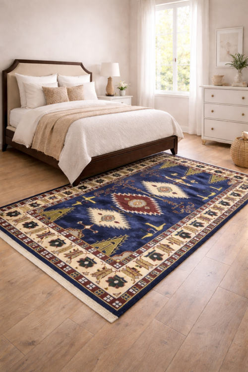 Navy Blue Geometric 5X8 Kazak Oriental Rug