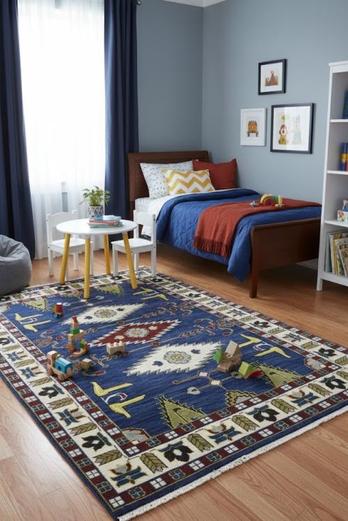 Navy Blue Geometric 6X9 Kazak Oriental Rug