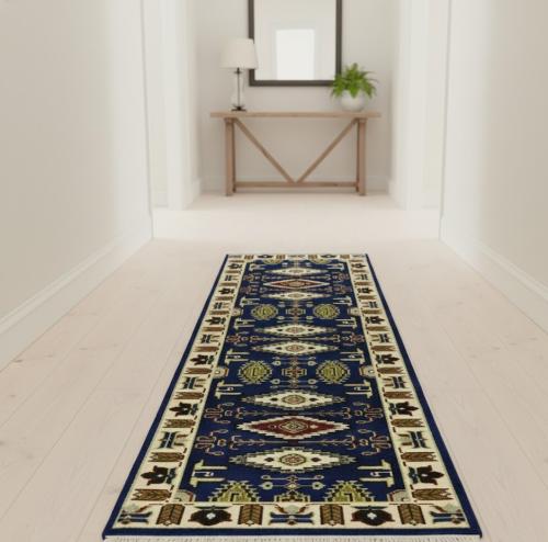 Navy Blue Geometric 3X8 Kazak Oriental Runner Rug