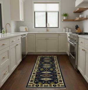 Navy Blue Geometric 3X8 Kazak Oriental Runner Rug