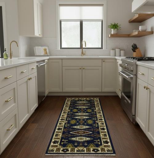 Navy Blue Geometric 3X8 Kazak Oriental Runner Rug