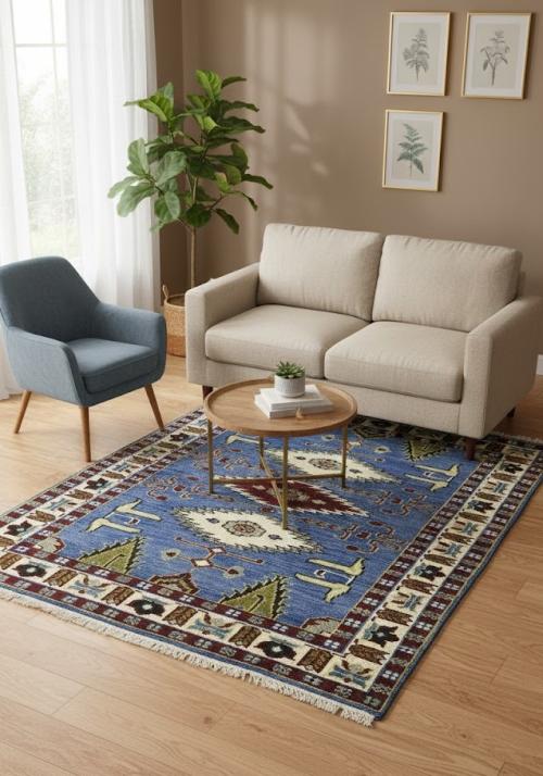 4'0 X 5'11 Hand Knotted Blue Kazak Geometric Wool Rug