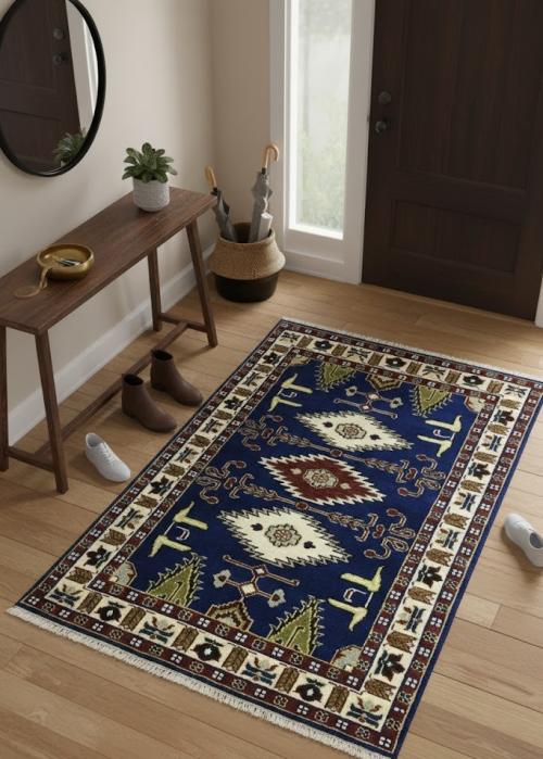 Navy Blue Geometric 4X6 Kazak Oriental Rug