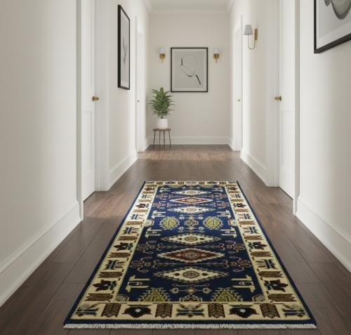 Navy Blue Geometric 3X6 Kazak Oriental Rug