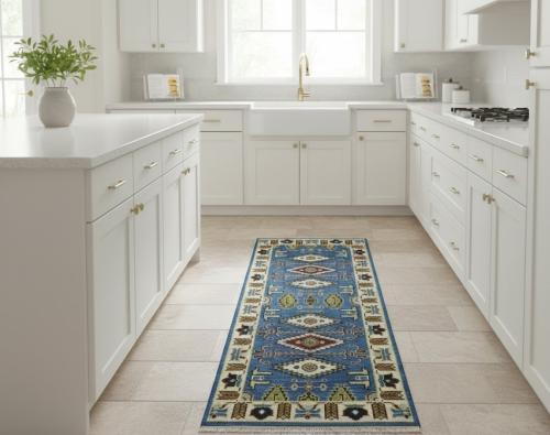 2'8 X 6'0 Hand Knotted Geometric Kazak Blue Wool Rug