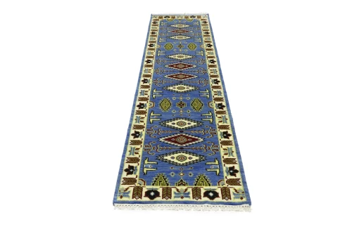 Blue Geometric 3X10 Kazak Oriental Runner Rug