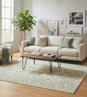 8'3 X 9'9 Muted Cream Oushak Chobi Hand Knotted Wool Rug