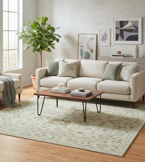 8'3 X 9'9 Muted Cream Oushak Chobi Hand Knotted Wool Rug