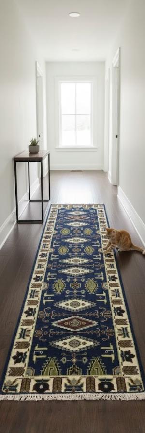 Navy Blue Geometric 3X8 Kazak Oriental Runner Rug