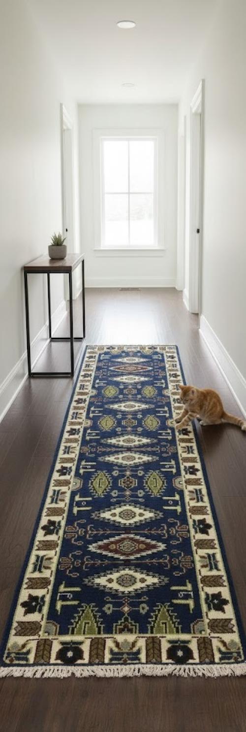 Navy Blue Geometric 3X8 Kazak Oriental Runner Rug