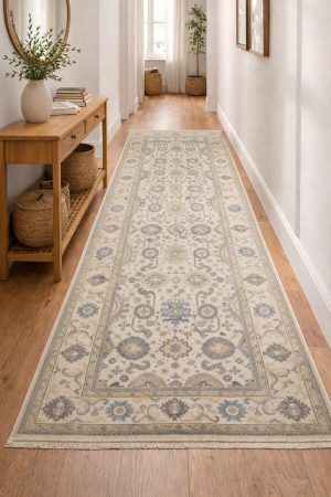 9'0 X 17'7 Floral Hand Knotted Muted Oushak Chobi Wool Rug