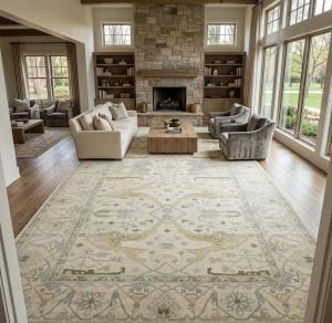 9'1 X 17'8 Hand Knotted Cream & Gray Floral Oushak Wool Rug