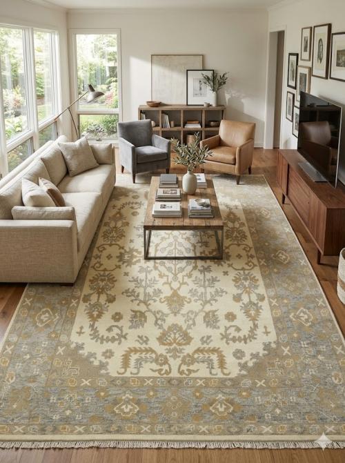 9'1 X 12'0 Floral Hand Knotted Muted Cream Oushak Wool Rug