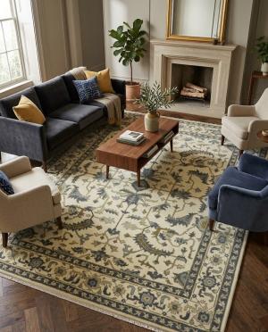 9'1 x 12'1 Hand Knotted Cream Floral Oushak Oriental Wool Rug