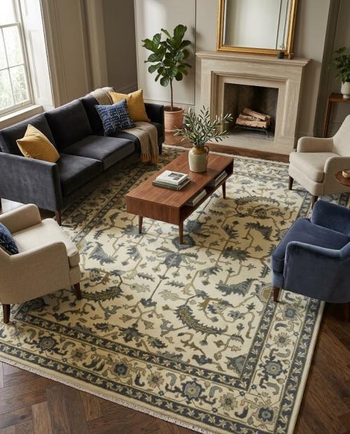 9'1 x 12'1 Hand Knotted Cream Floral Oushak Oriental Wool Rug