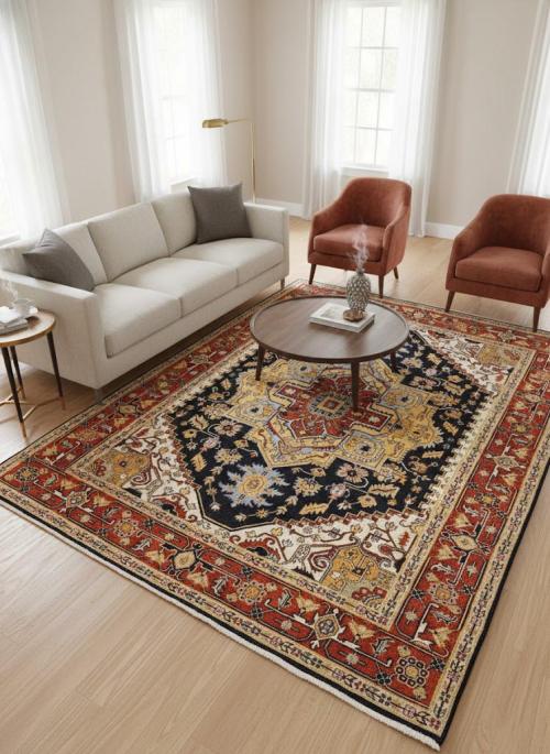 8'9 x 11'9 Hand Knotted Black Traditional Heriz Serapi Oriental Rug