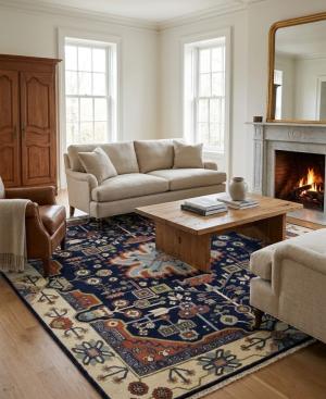 9'0 x 11'9 Hand Knotted Navy Tribal Heriz Serapi Wool Rug