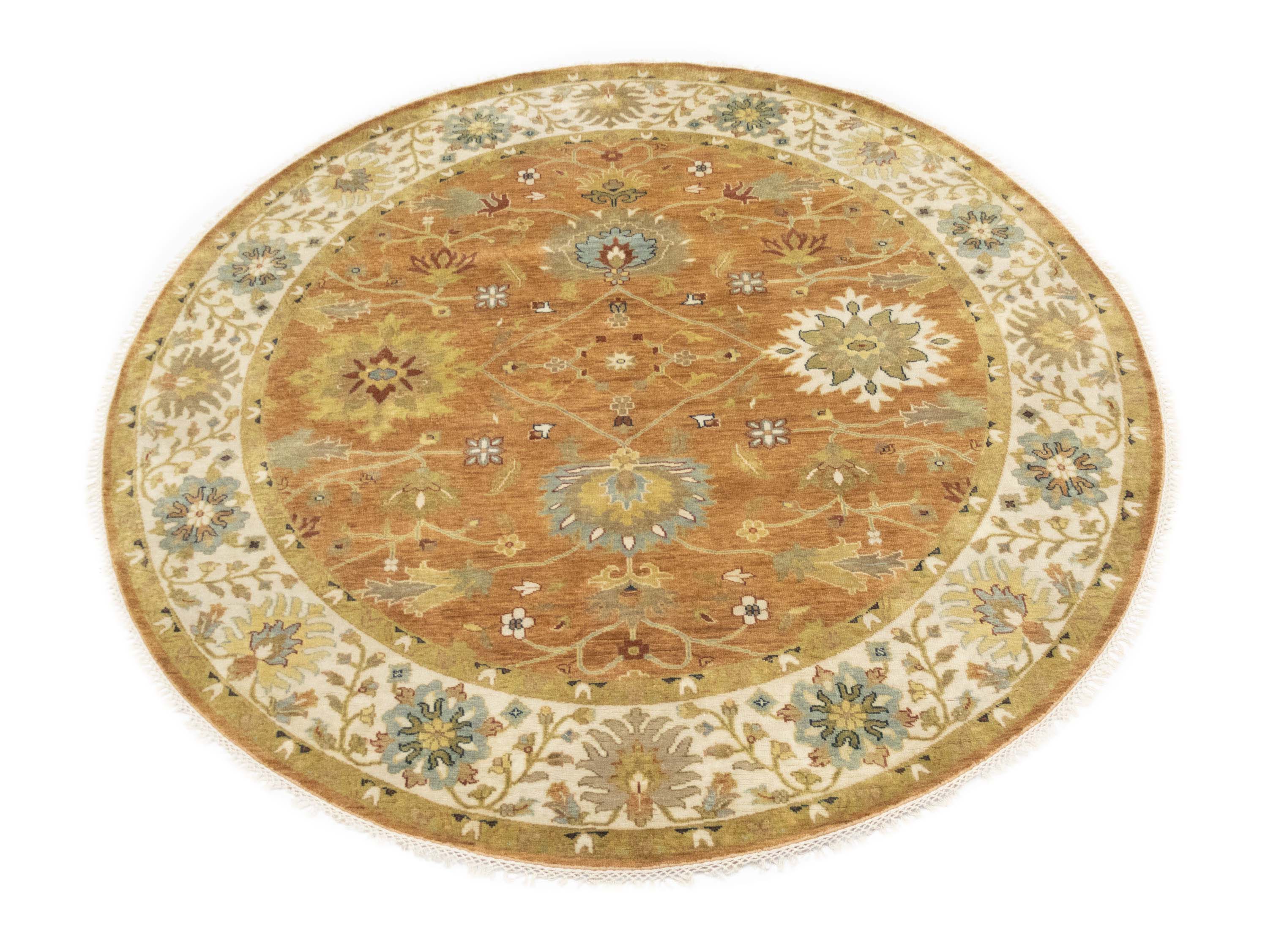 Rust Orange Floral 8X8 Chobi Oriental Round Rug