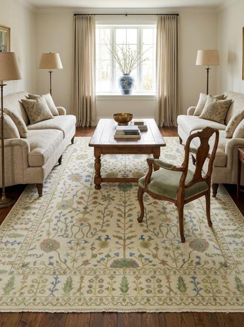 Ivory Floral Traditional 9X12 Oushak Chobi Oriental Rug