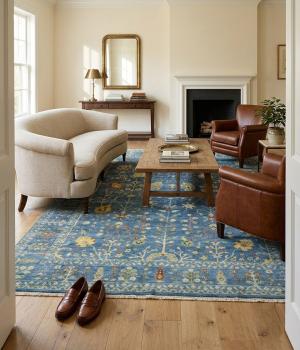 Blue Floral Traditional 9X12 Oushak Chobi Oriental Rug
