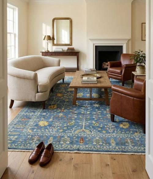 Blue Floral Traditional 9X12 Oushak Chobi Oriental Rug
