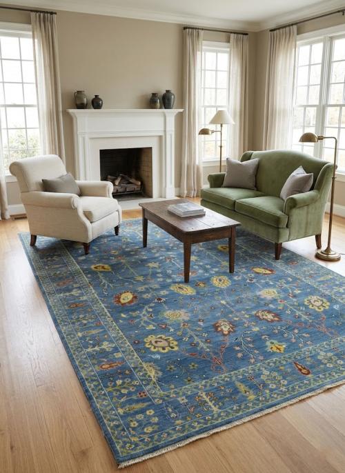 Blue Floral Traditional 8X11 Oushak Chobi Oriental Rug