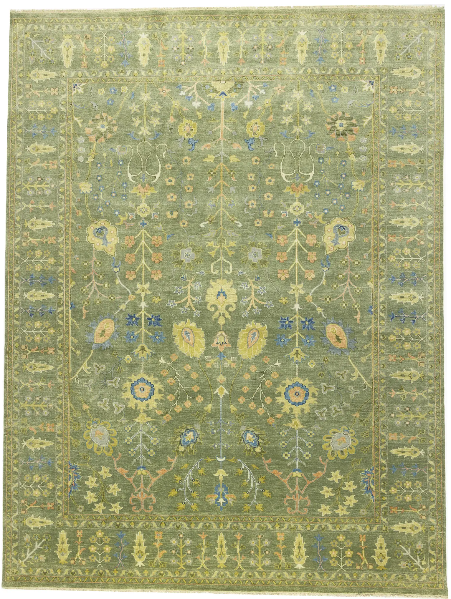 Olive Green Floral Traditional 9X12 Oushak Chobi Oriental Rug
