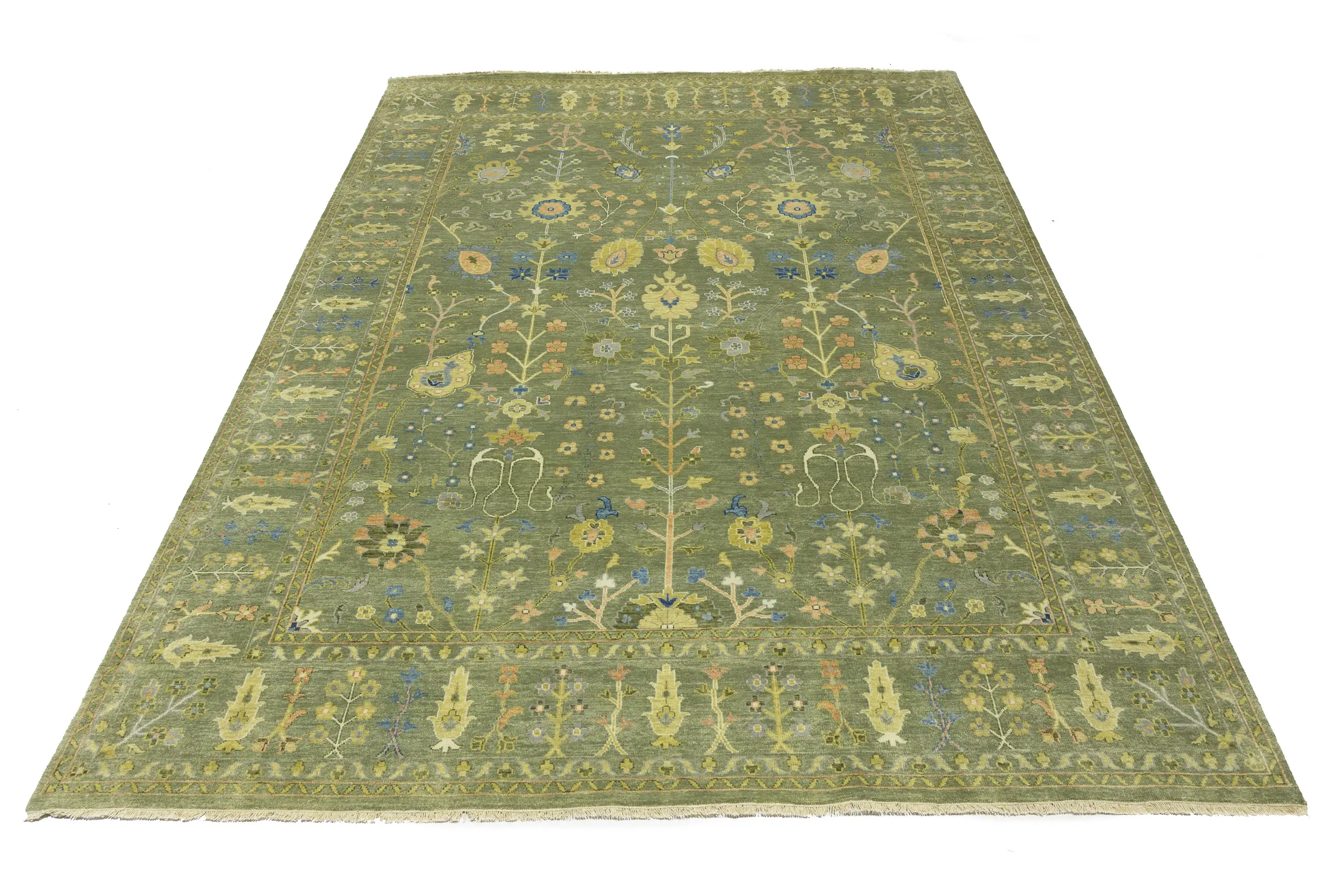 Olive Green Floral Traditional 9X12 Oushak Chobi Oriental Rug