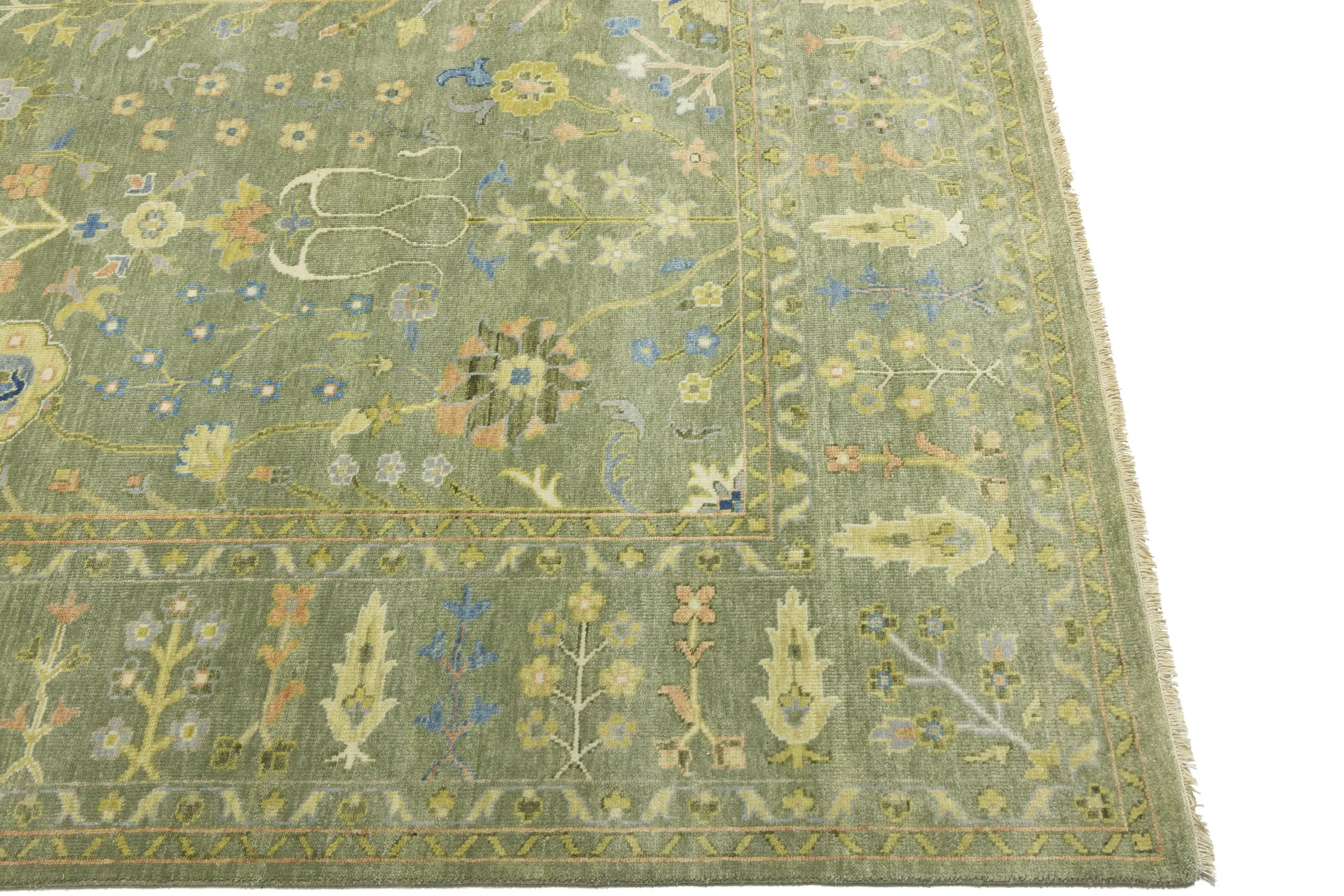 Olive Green Floral Traditional 9X12 Oushak Chobi Oriental Rug