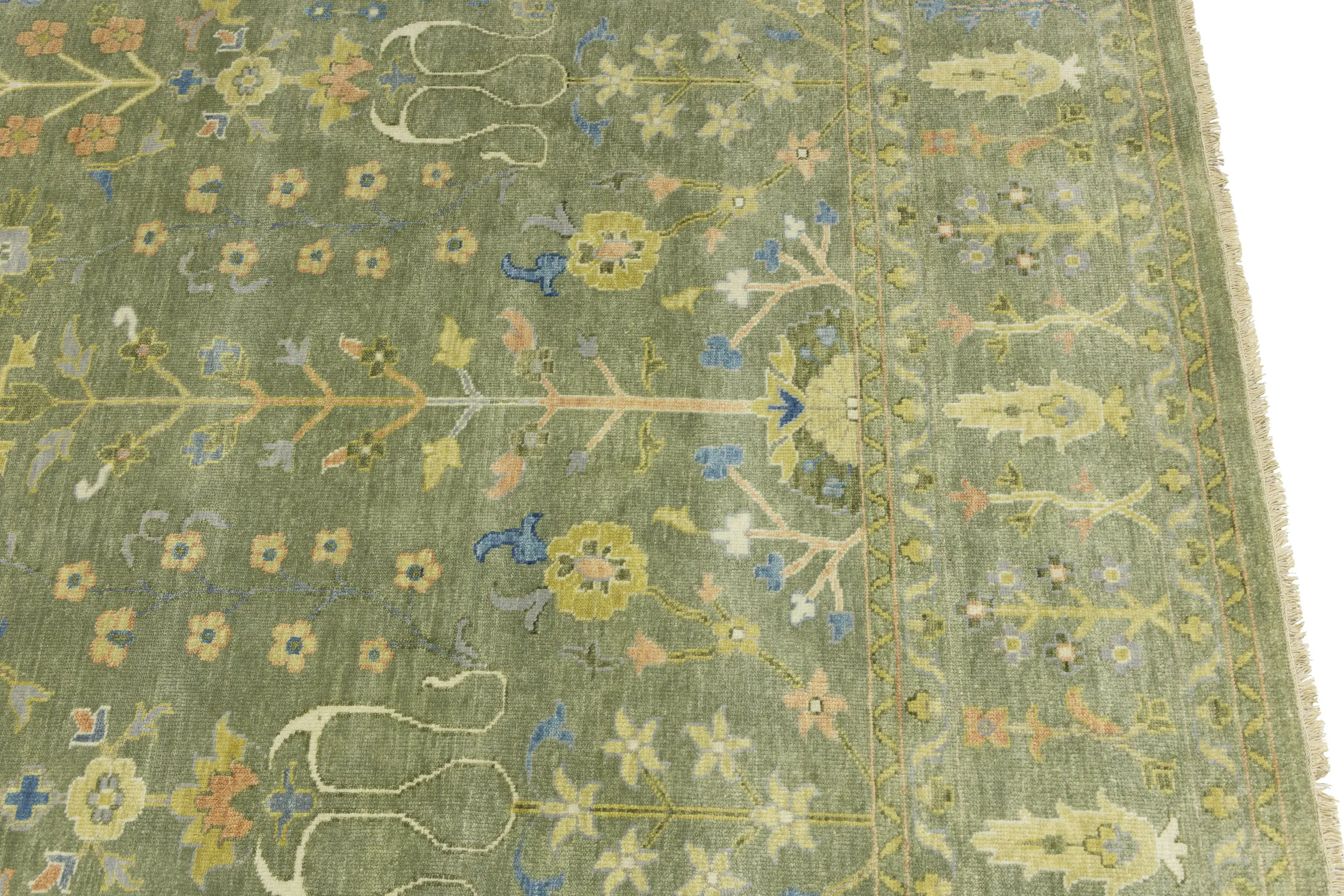 Olive Green Floral Traditional 9X12 Oushak Chobi Oriental Rug