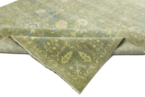Olive Green Floral Traditional 9X12 Oushak Chobi Oriental Rug