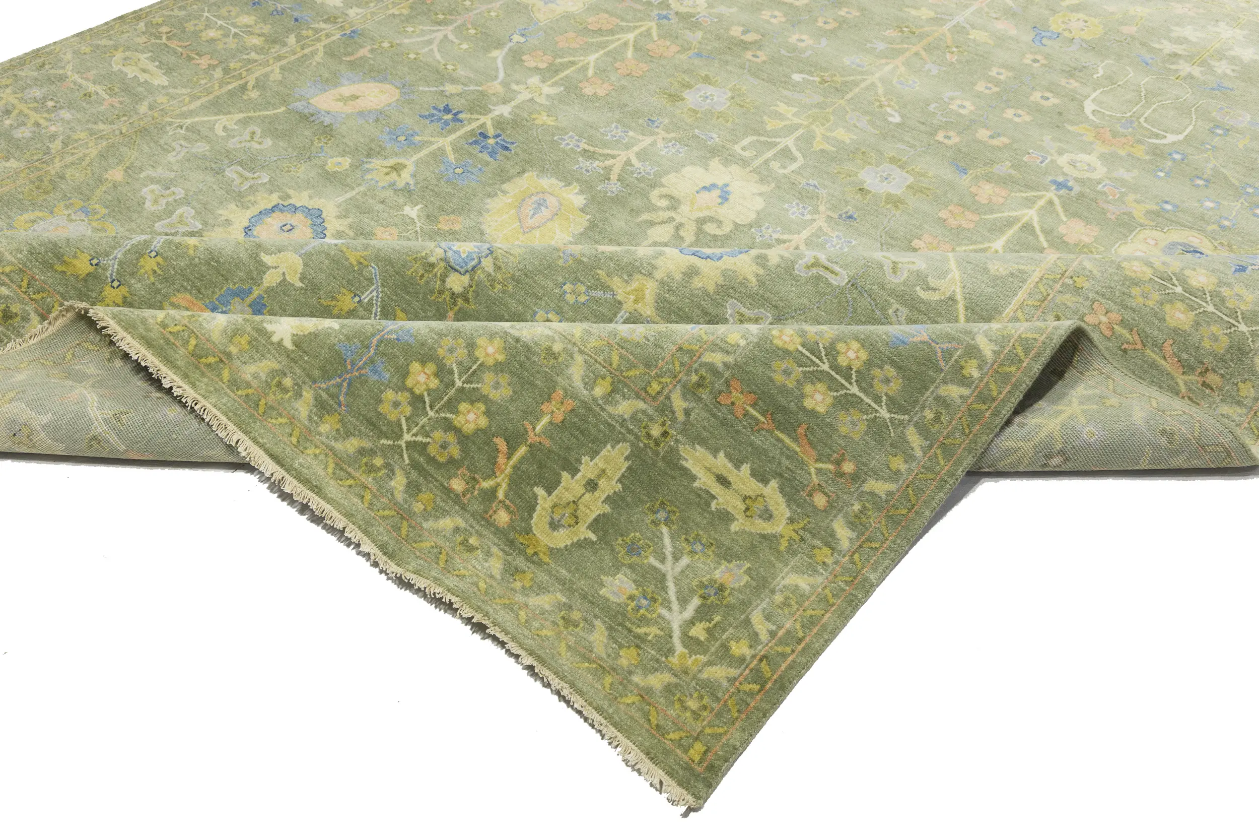 Olive Green Floral Traditional 9X12 Oushak Chobi Oriental Rug