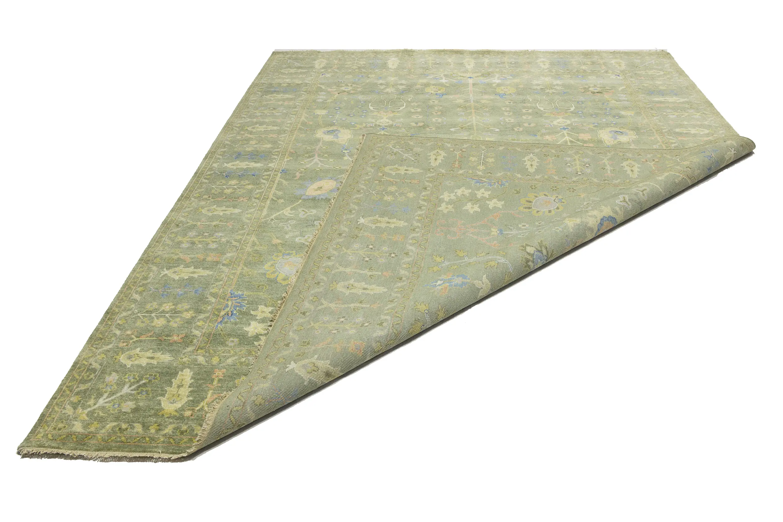 Olive Green Floral Traditional 9X12 Oushak Chobi Oriental Rug