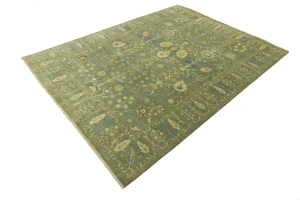 Olive Green Floral Traditional 9X12 Oushak Chobi Oriental Rug